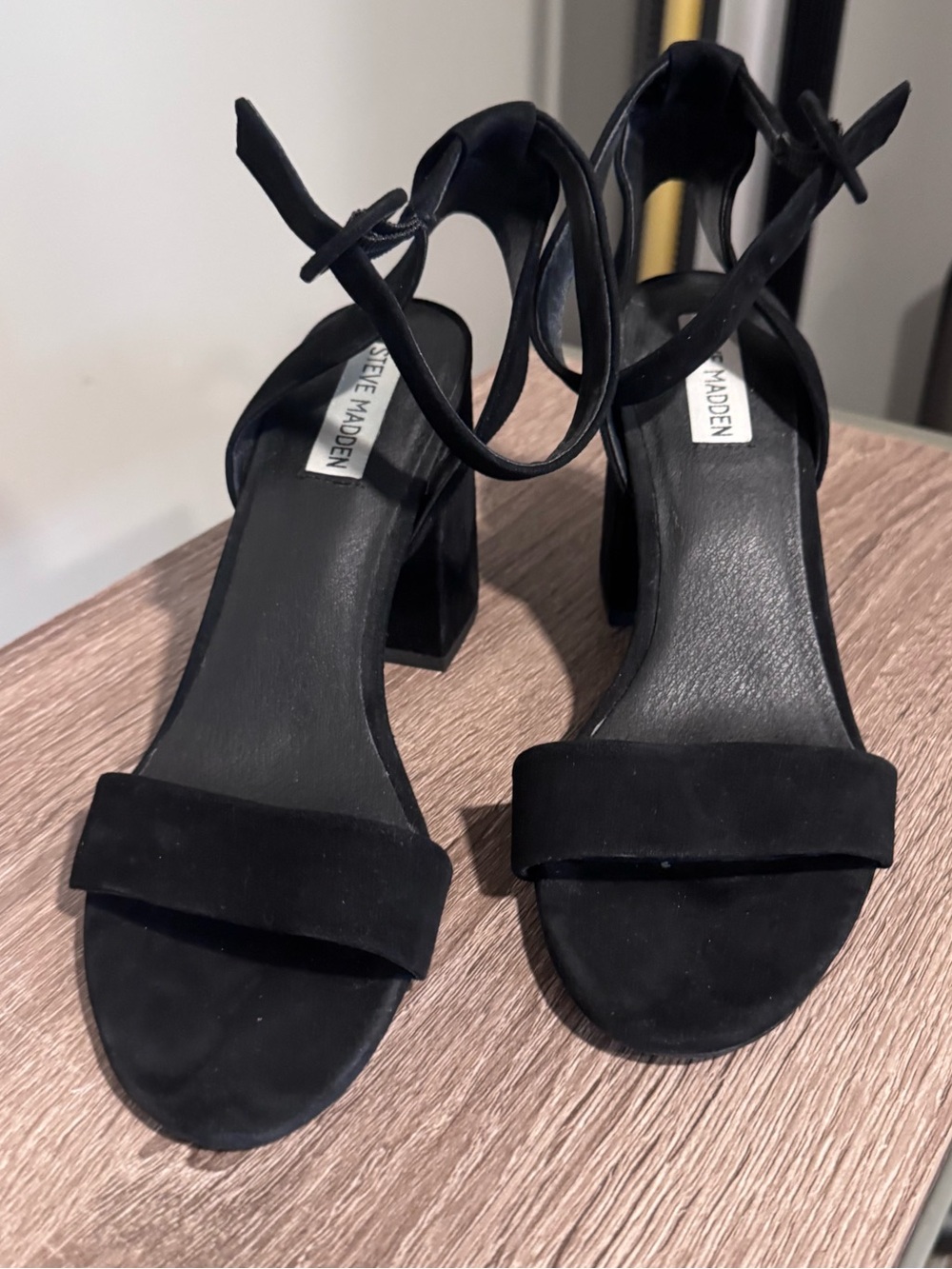 Steve Madden Black Suede Block Heel Sandals with Ankle Strap